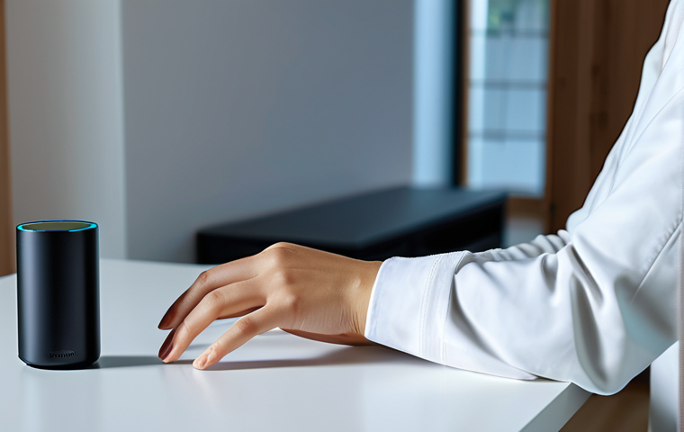 A serene professional woman in modest, comfortable home attire, gently touching her smartwatch, which displays clear health metrics. In the background, a smart speaker glows softly on a minimalist table, while automated lighting casts a warm, inviting glow throughout the modern living room. The scene emphasizes seamless technology integration for daily wellness and convenience, showcasing AI and electronics working in harmony. fully clothed, appropriate attire, safe for work, perfect anatomy, natural proportions, well-formed hands, proper finger count, natural body proportions, professional photography, high quality, family-friendly content.