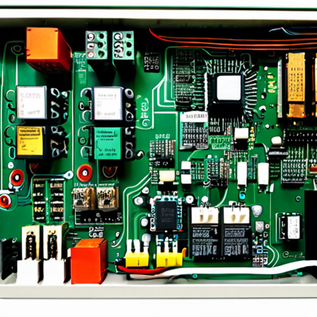 **SMPS 내부 구조:** "Detailed internal view of an SMPS unit, showcasing components like transformers, capacitors, and switching devices.  Educational diagram style, clear labeling, safe for work, electronic components,  professional illustration, appropriate content, fully clothed, circuit board."