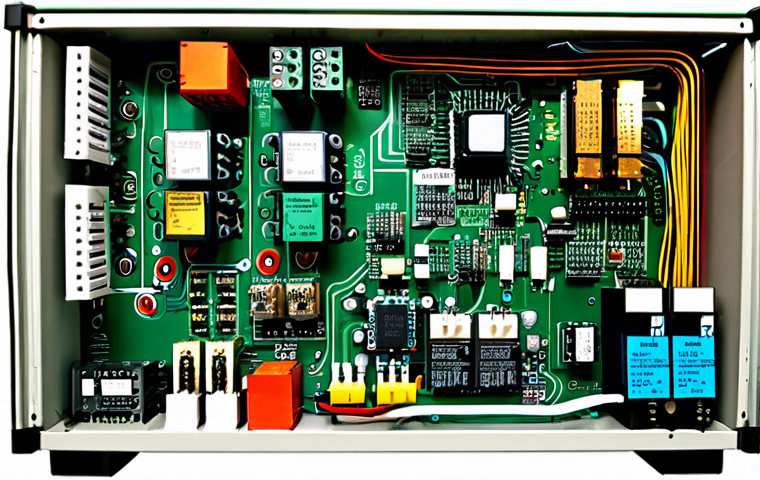 **SMPS 내부 구조:** "Detailed internal view of an SMPS unit, showcasing components like transformers, capacitors, and switching devices. Educational diagram style, clear labeling, safe for work, electronic components, professional illustration, appropriate content, fully clothed, circuit board."