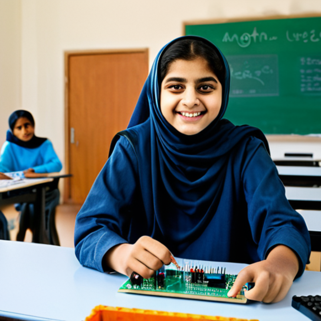 A young student in a fully clothed, modest salwar kameez, excitedly working with an Arduino Uno board on a desk, surrounded by wires and LEDs. Background: A bright, organized STEM classroom. Safe for work, appropriate content, professional, family-friendly, perfect anatomy, correct proportions, natural pose.