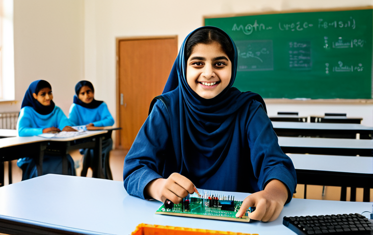 A young student in a fully clothed, modest salwar kameez, excitedly working with an Arduino Uno board on a desk, surrounded by wires and LEDs. Background: A bright, organized STEM classroom. Safe for work, appropriate content, professional, family-friendly, perfect anatomy, correct proportions, natural pose.