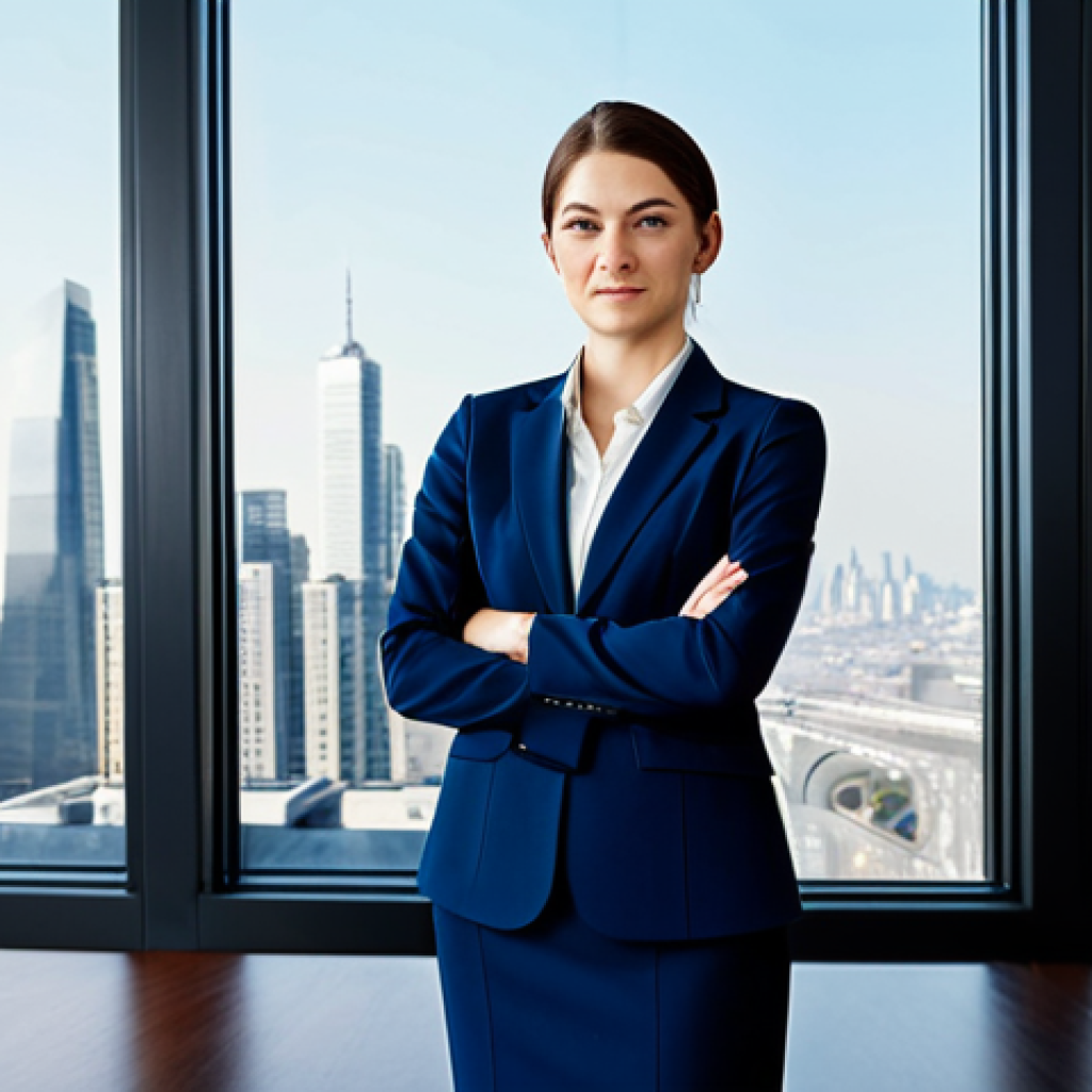 RFID 기술 원리와 응용 - "A professional businesswoman in a modest, dark blue business suit, standing confidently in a bright...