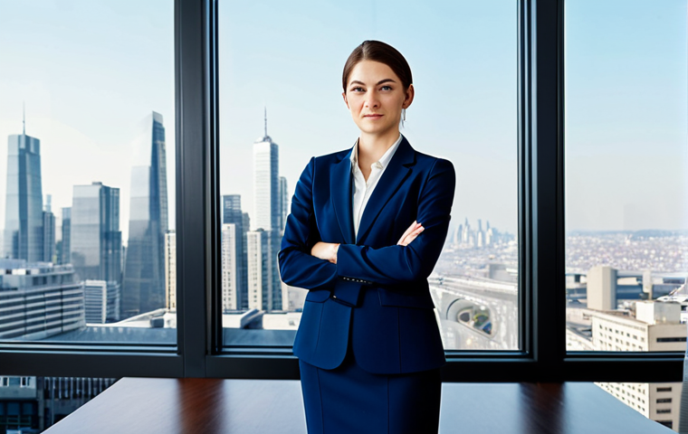 RFID 기술 원리와 응용 - "A professional businesswoman in a modest, dark blue business suit, standing confidently in a bright...