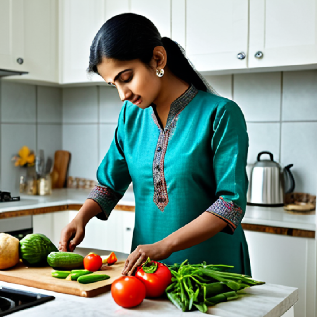 저비용 설계 전략 - **Prompt:** "A woman in a modest Indian salwar kameez, cooking in a clean, well-lit kitchen, prepari...