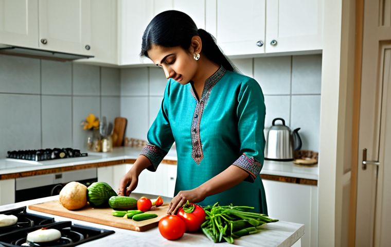 저비용 설계 전략 - **Prompt:** "A woman in a modest Indian salwar kameez, cooking in a clean, well-lit kitchen, prepari...