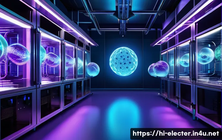 양자 컴퓨팅과 전자공학 - A futuristic laboratory scene showcasing quantum computing technology, featuring glowing quantum bit...
