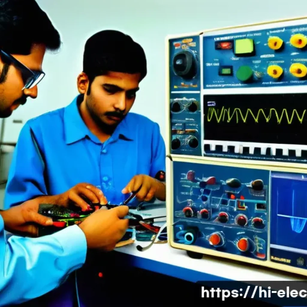 전자공학 실습 장비 추천 - A detailed electronics laboratory scene showing a diverse group of Hindi-speaking students and profe...