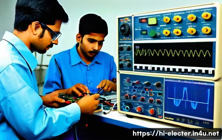 전자공학 실습 장비 추천 - A detailed electronics laboratory scene showing a diverse group of Hindi-speaking students and profe...