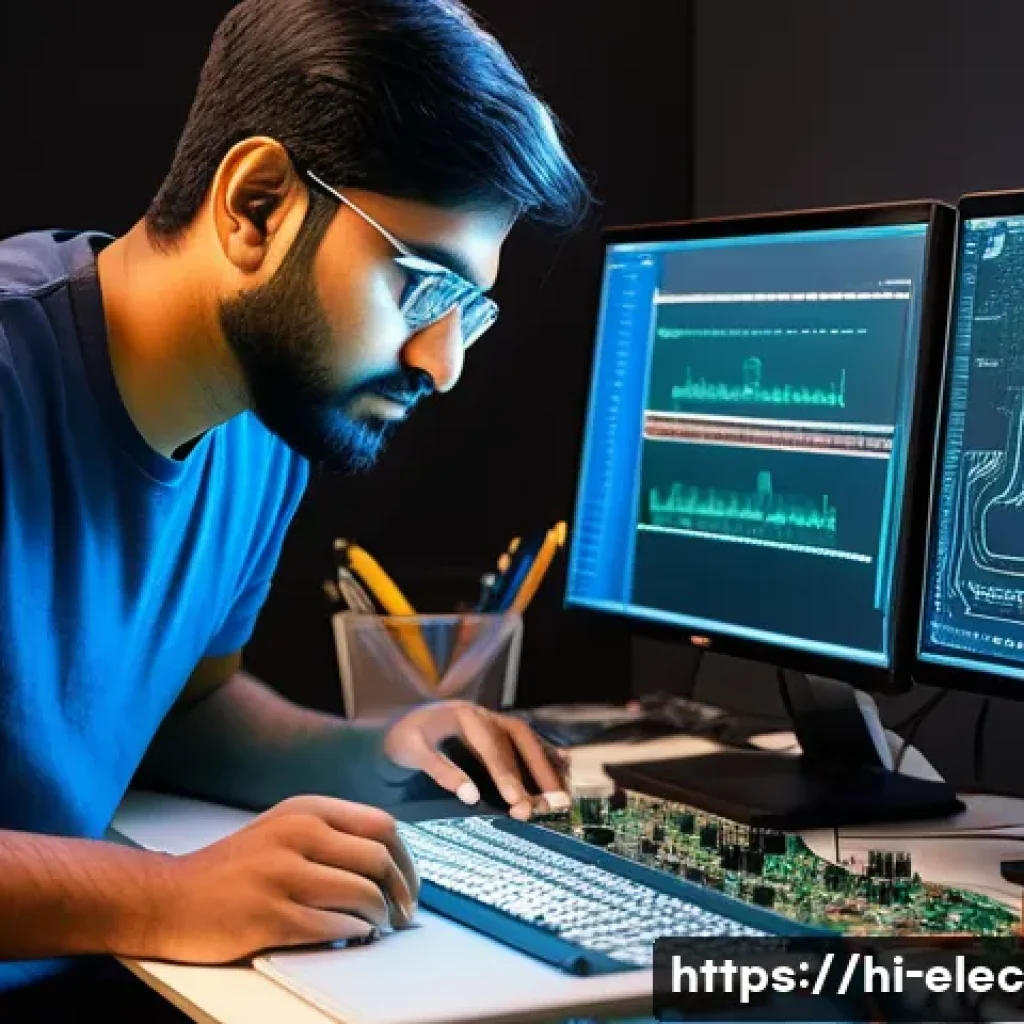 전자공학 이직 시 유리한 기술 스택 - A detailed workspace scene showing an Indian electronics engineer working on embedded systems progra...