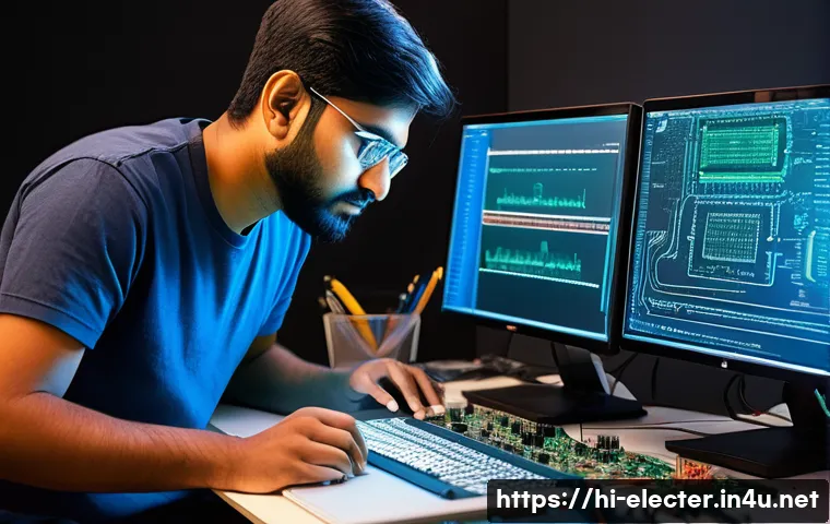 전자공학 이직 시 유리한 기술 스택 - A detailed workspace scene showing an Indian electronics engineer working on embedded systems progra...