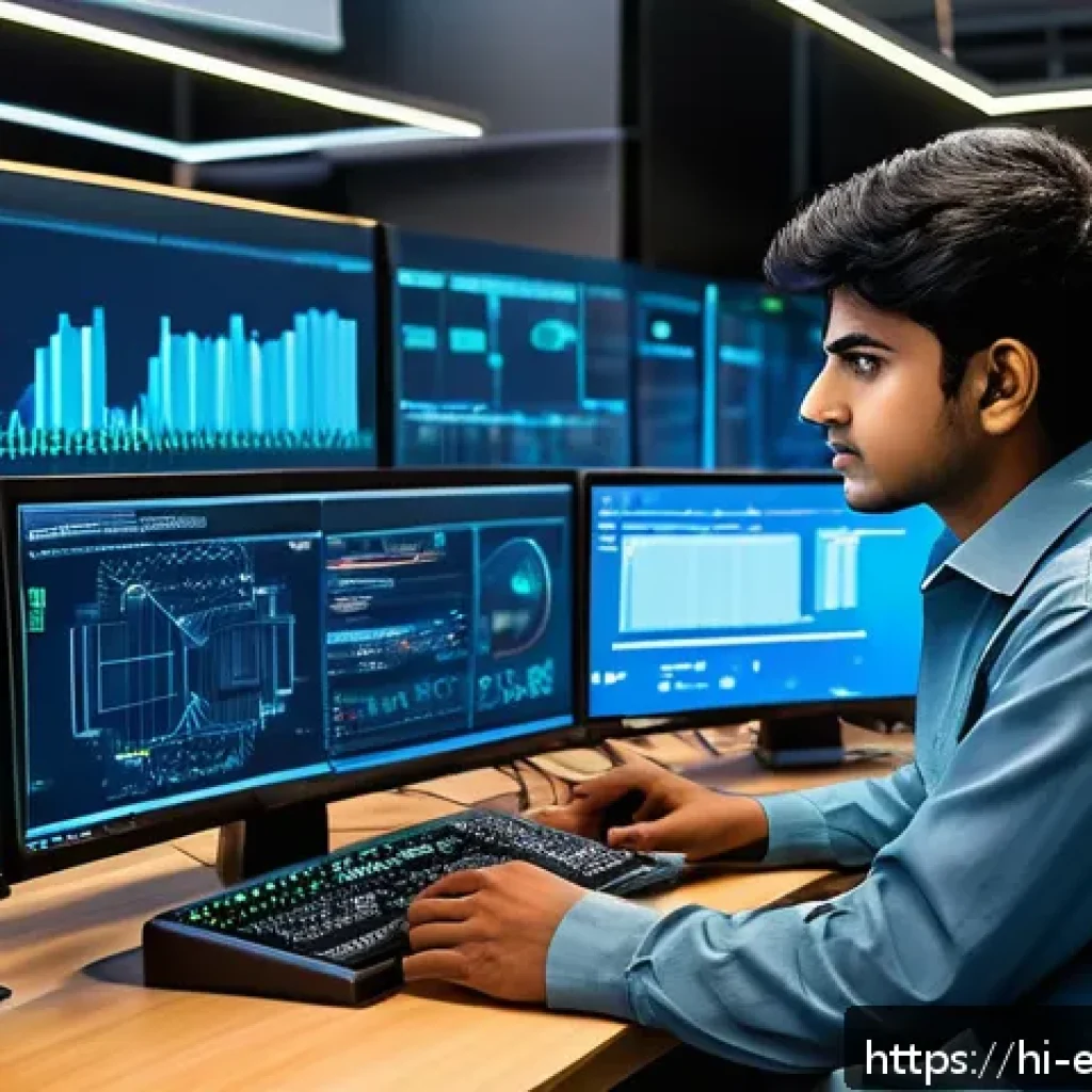 통신공학과 전자공학의 차이 - A detailed and vibrant illustration of a young Indian engineering student working on a wireless netw...
