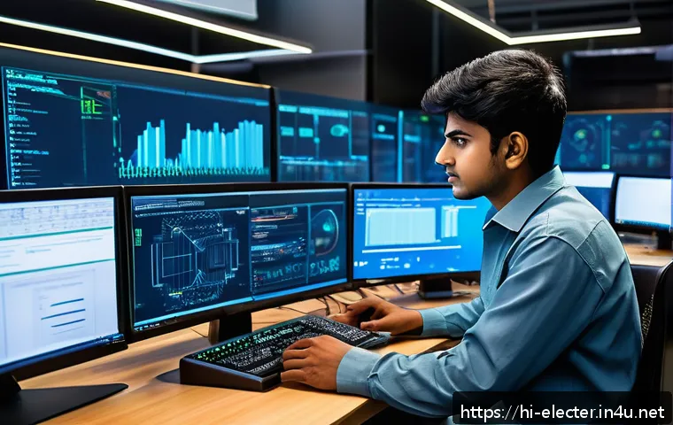 통신공학과 전자공학의 차이 - A detailed and vibrant illustration of a young Indian engineering student working on a wireless netw...
