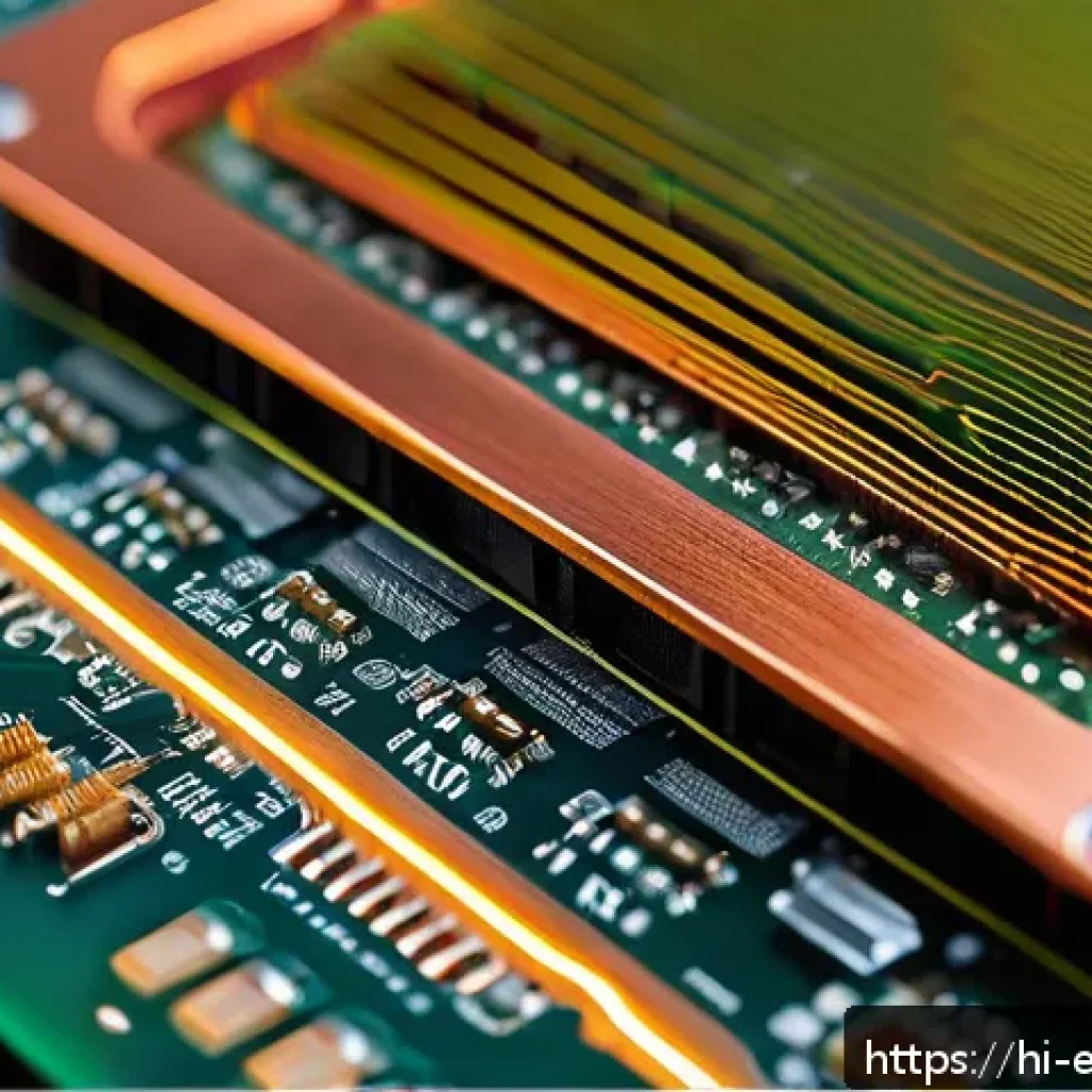 PCB 열 관리 설계 원칙 - A highly detailed close-up illustration of a multi-layer PCB featuring numerous thermal vias connect...