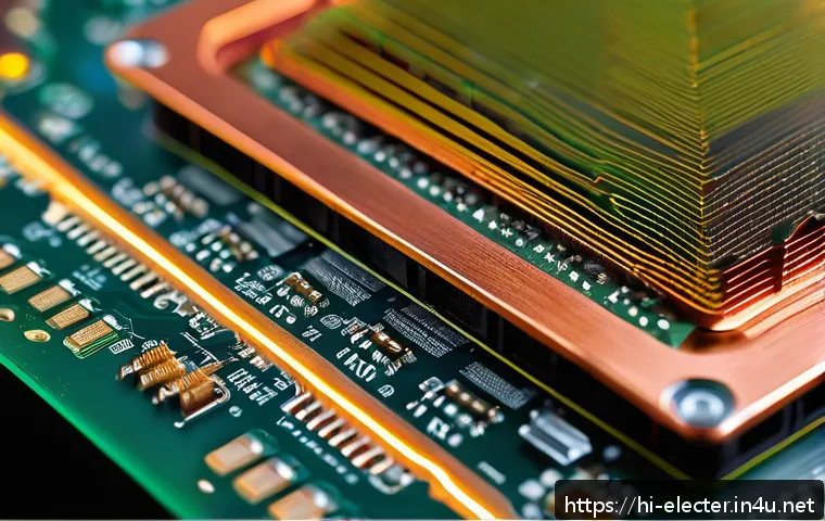 PCB 열 관리 설계 원칙 - A highly detailed close-up illustration of a multi-layer PCB featuring numerous thermal vias connect...