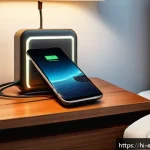 Home 22 리튬이온 배터리 설계 및 관리 - A detailed digital illustration of a smartphone charging overnight on a bedside table with a slow ch...