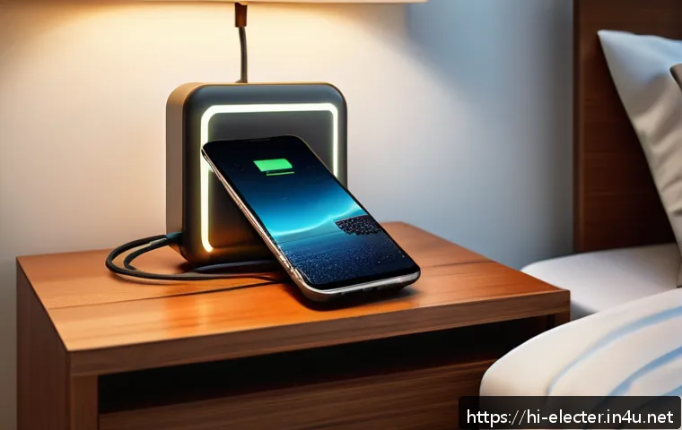 리튬이온 배터리 설계 및 관리 - A detailed digital illustration of a smartphone charging overnight on a bedside table with a slow ch...