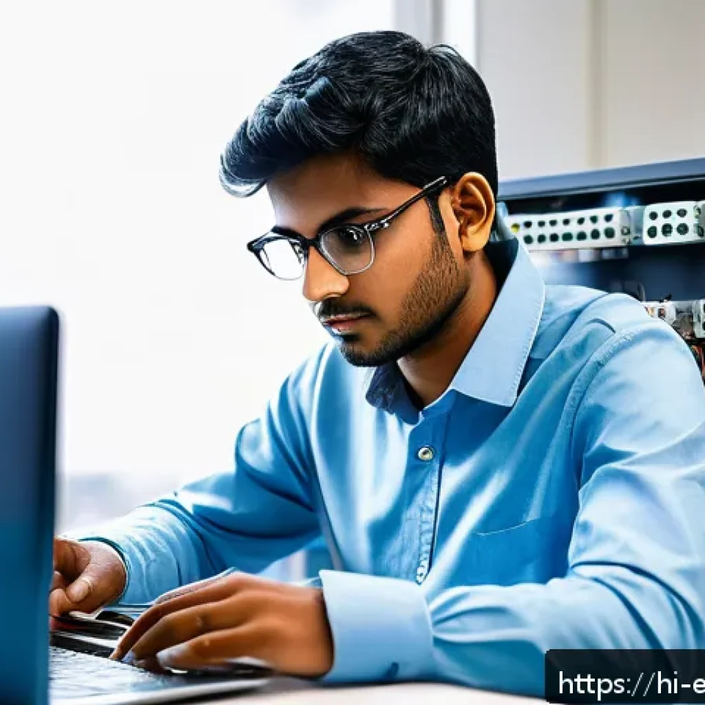 전자공학 엔지니어 경력 상담 - A focused scene of a young Indian electronics engineer wearing casual professional attire, working i...