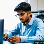 Home 20 전자공학 엔지니어 경력 상담 - A focused scene of a young Indian electronics engineer wearing casual professional attire, working i...