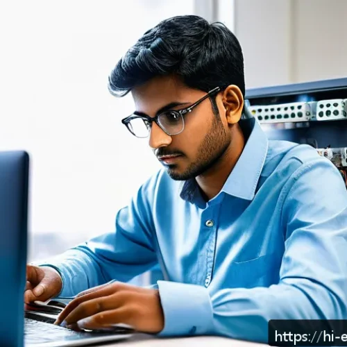 Home 32 전자공학 엔지니어 경력 상담 - A focused scene of a young Indian electronics engineer wearing casual professional attire, working i...