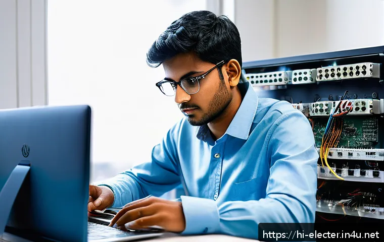 전자공학 엔지니어 경력 상담 - A focused scene of a young Indian electronics engineer wearing casual professional attire, working i...